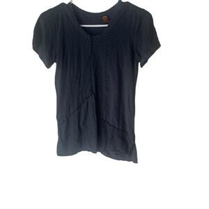 Ojai Women's Small Blue Striped Laggen Art Minimalist Cotton Short Sleeve Top
